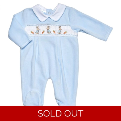 Rabbits Smocked Velour Sleep Suit - Blue